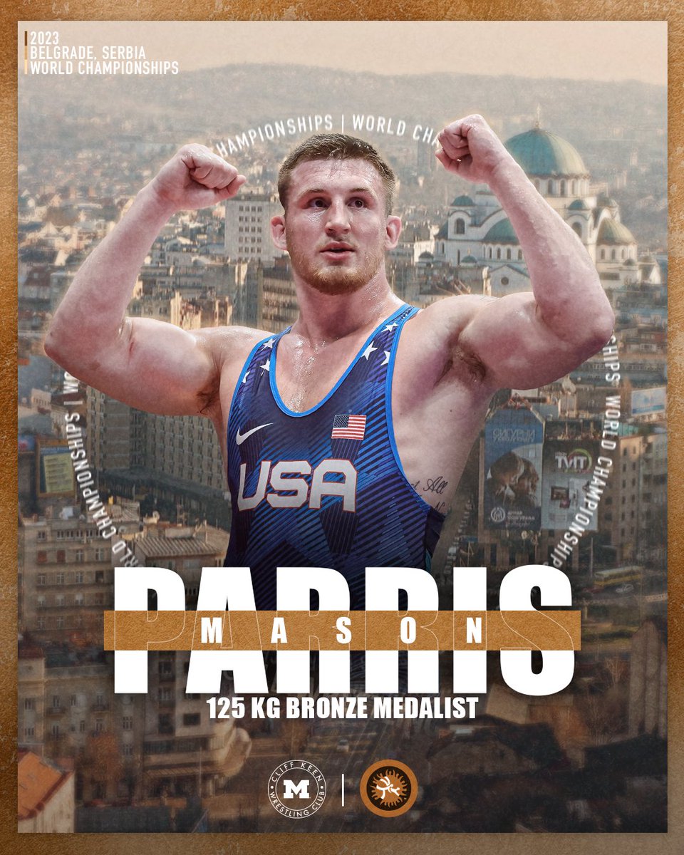 WORLD BRONZE MEDALIST!!! 🥉 Mason Parris (@Parris58) earns a dominant, workmanlike 12-2 tech over Kurbanov (AIN) with five takedowns to capture 125kg world bronze and claim an Olympic quota for USA. 🇺🇸 #WrestleBelgrade