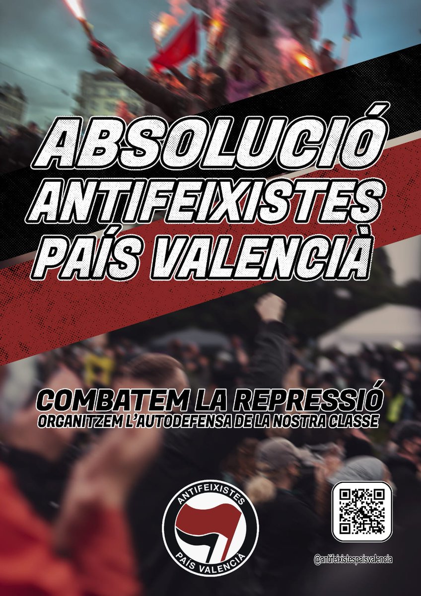 antifeixista_PV's tweet photo. 🔴 26 antifeixistes del País Valencià ens enfrontem a 169 anys de presó i milers d'euros per combatre el feixisme. 

Un feixisme emparat per l'Estat i al servei dels interessos del Capital. 

Front a la repressió, organitzem l'autodefensa de la nostra classe. Absolució i amnistia https://t.co/JNPLYWQfoN