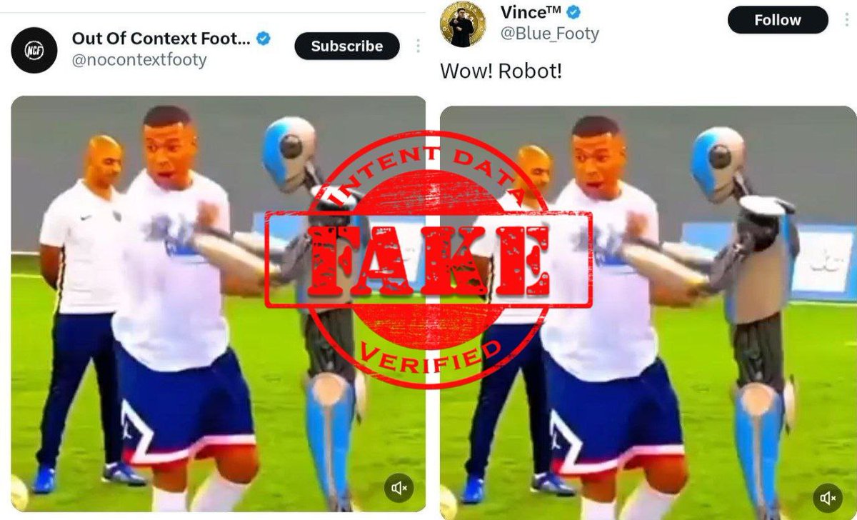 1103 ANALYSIS: Fake FACT: A digitally altered video that shows a robot playing football with the French footballer Kylian Mbappé and scoring a goal has been shared, claiming that a robot is playing football on the ground. The fact is that this is a digitally altered video,(1/2)