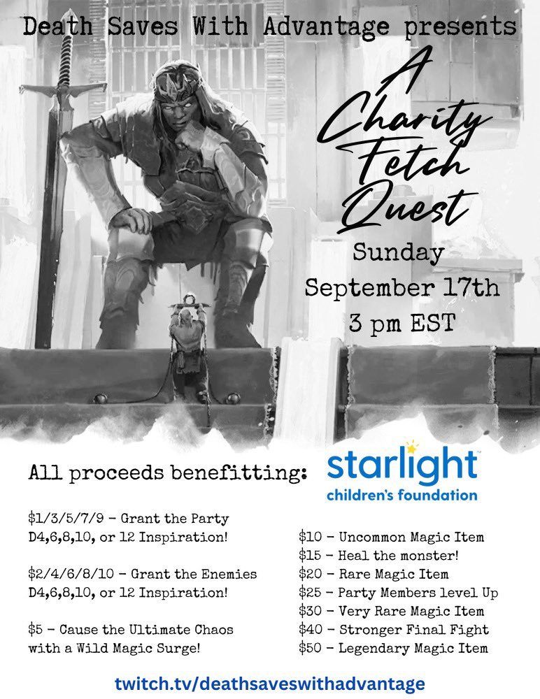 SavesWithAdv's tweet photo. Today is the day! Our #Charity One-Shot is Live! Join in on the chaos as we raise money for @StarlightUS! Your donations can affect the game in real time!
#DnD #S4S #LiveStream 
https://t.co/chxPKYBHvf https://t.co/DRnVgctnTw