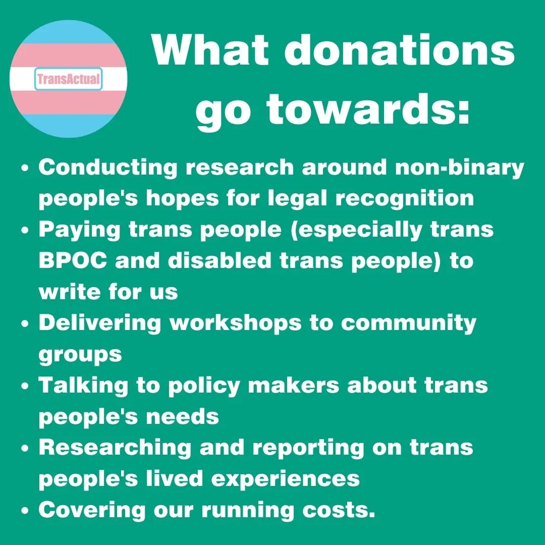 TransActualUK's tweet photo. Want to support our work?

We're a trans led organisation which aims to advocate, inform and empower to ensure that trans people are able to live safe and happy lives. 

Thank you for your support! 

#TransFundraiser #TransRightsAreHumanRights https://t.co/LqHovDGQTB