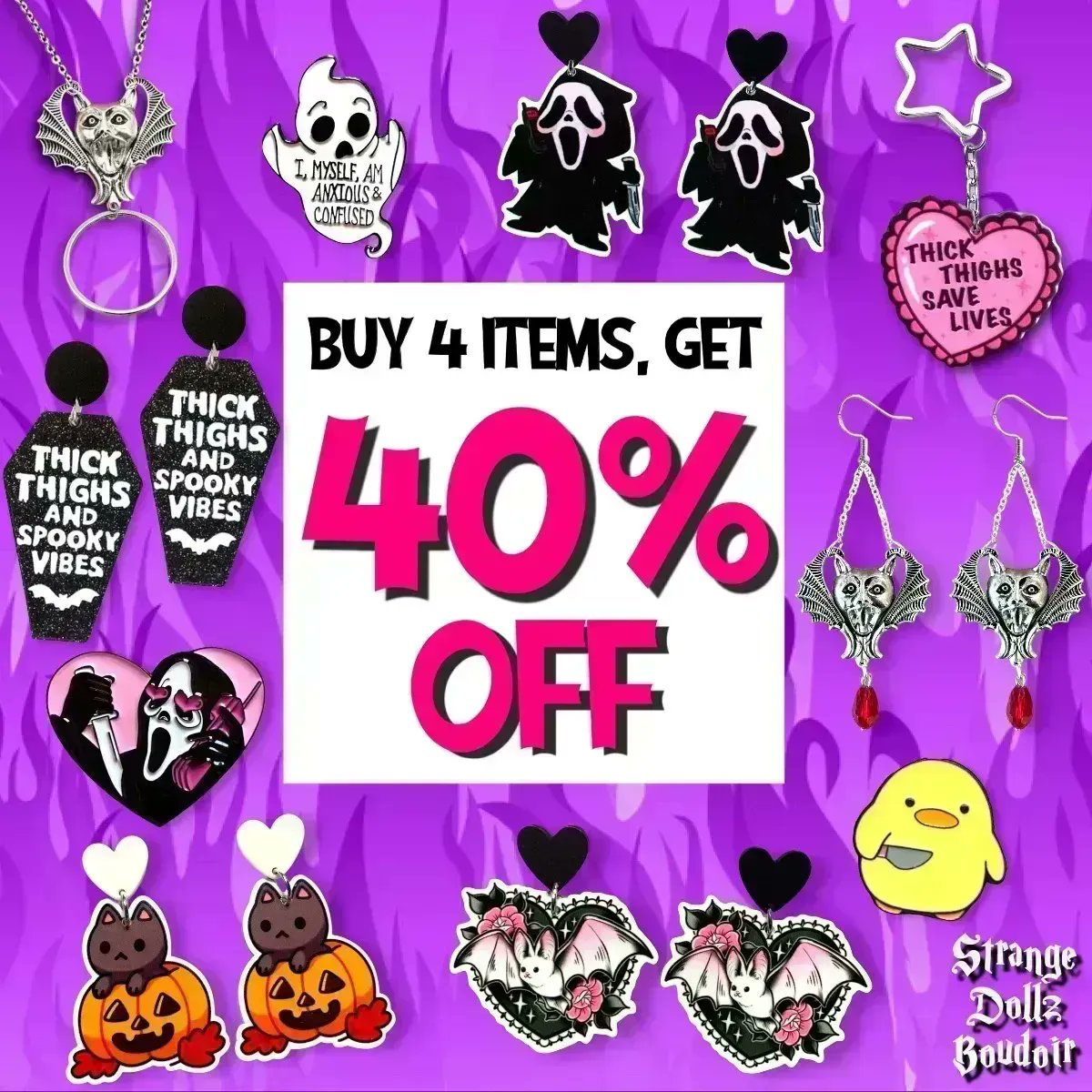 StrangeDollz's tweet photo. 🔥 BUY 4 ITEMS = GET 40% OFF ! Discount applies automatically at checkout: https://t.co/gYGtTgIWv8 +You can also add our items to your #Thronewishlist as we are a #ThronePartnerStore 👑🎁 #twitch #twitchtv #thronegifts #vtuber #goth #poupettekenza #pastelgoth #halloween #discount https://t.co/0bGVkgVaTy