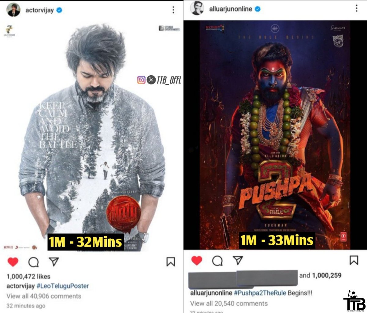TBSTwizzle's tweet photo. Fastest 1M Liked Movie Poster in Indian Cinema..🔥
1. #LEO Telugu Poster : #ThalapathyVijay
2. #Pushpa2TheRule First Look : #AlluArjun
#LeoUpdate #LeoUpdateDay #LeoTeluguPoster #LeoPosterFeast #LEODAS #LeoAudioLaunch #LeoFilm https://t.co/Yz7zBKzzAG