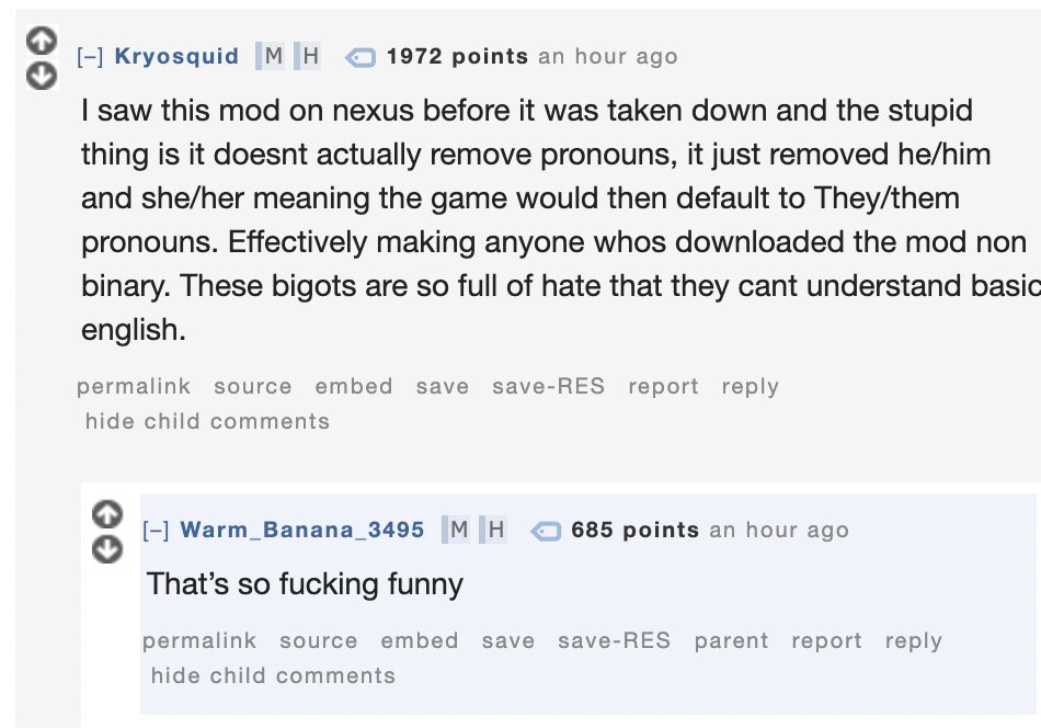 Y'all. Apparently some angry modder made a mod to remove pronouns from Starfield.

Except...

They only removed he/him and she/her, making anyone who downloaded it default to they/them.

Whoops!

(As of this morning, the mod has been taken down from Nexus Mod Manager)