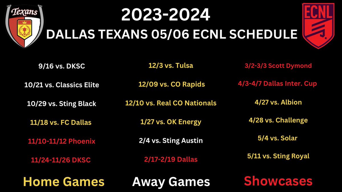 Check out 👇🏼👇🏼the rest of our 2023-2024 <a href="/TheECNL/">The ECNL</a> schedule &amp; showcases‼️‼️ 
This is a determined athletic group with plenty of 2024 &amp; 2025 graduates.
⚽️🖤❤️

<a href="/grtorres/">Guilherme Torres</a> <a href="/PrepSoccer/">Prep Soccer ⚽️</a> <a href="/TopDrawerSoccer/">TopDrawerSoccer</a> <a href="/TheECNL/">The ECNL</a> <a href="/TheSoccerWire/">SoccerWire</a> <a href="/ImYouthSoccer/">ECNL/GA/Recruiting/College Soccer</a> <a href="/Gosset41/">Brian Gosset</a>