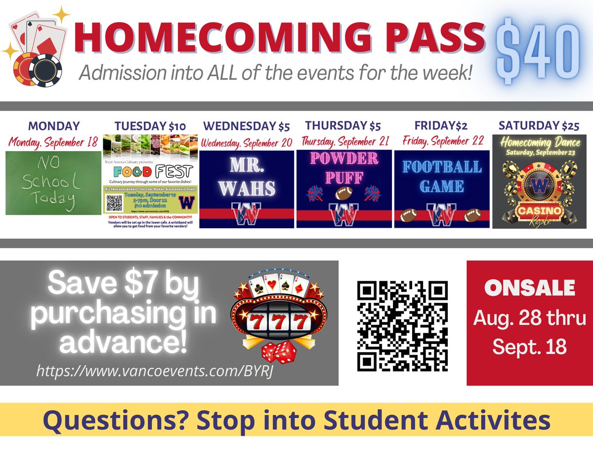 ALL ACCESS PASS sales end TOMORROW!!!  Get admission into all of the Homecoming Events for the week, including the DANCE!

vancoevents.com/BYRJ
