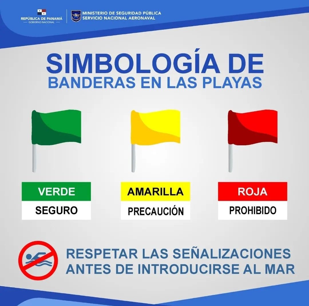 aeronavalpanama's tweet photo. 📢 Tome en cuenta el color de las banderas.
📢 Mantenga vigilados a niños y adultos mayores que se encuentren a orillas de playas, ríos y balnearios.
📢 Respete las indicaciones del personal y las señalizaciones existentes.

¡Recuerde que el primer anillo de seguridad es usted! https://t.co/8YwUmiQTII