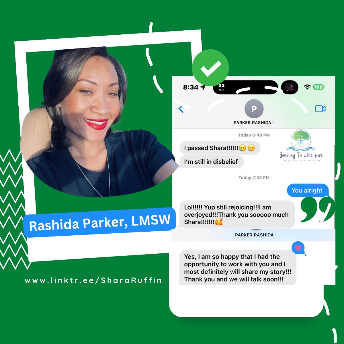 SharaRuffin's tweet image. 🌟 Celebrating Rashida Parker: A journey of triumph! 🌟 From battling testing anxiety to becoming Rashida Parker, LMSW, her story inspires us all. Rashida passed her exam this past Saturday ! 🎉 #SocialWorkSuccess #BelieveInYourself #socialworkertwitter