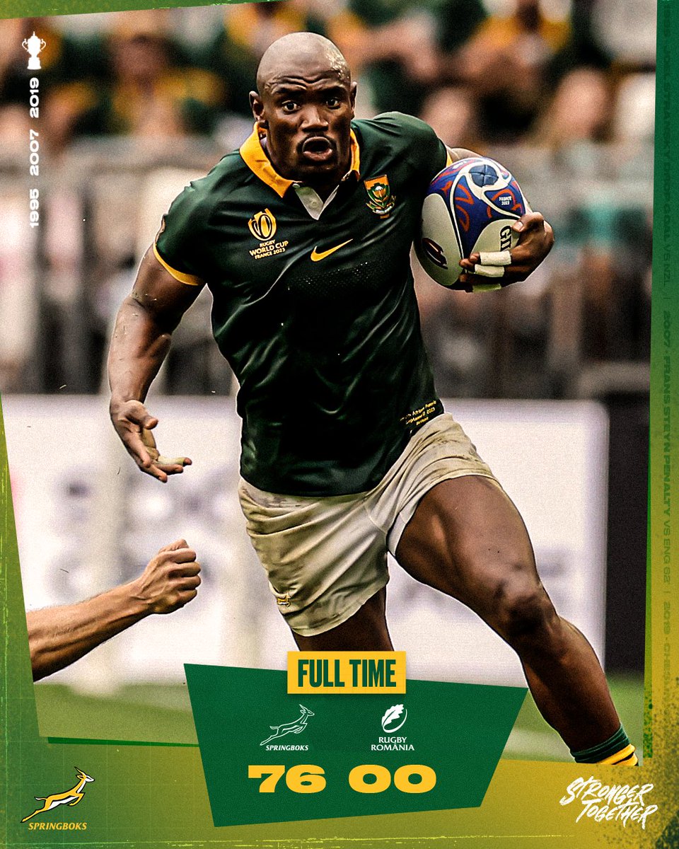 The #Springboks have made a statement with a big win in Bordeaux. Thanks for the game <a href="/RugbyRomania/">Rugby Romania</a> and good luck for the rest of your campaign🙌
#StrongerTogether #RWC2023 #RSAvROM