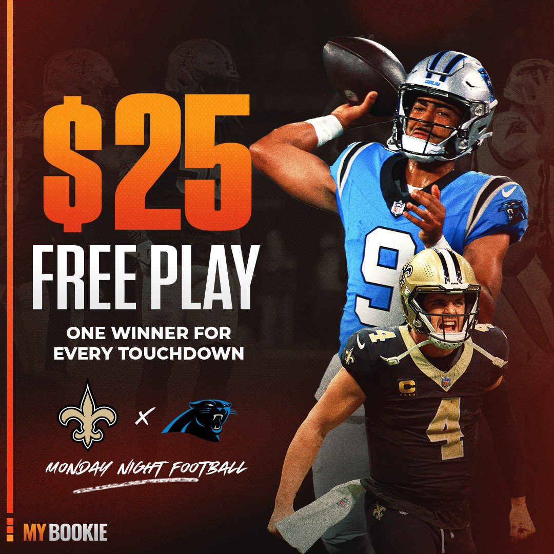 MyBookie's tweet photo. 💰 TWITTER FREE PLAY 💰

Every TD in NO vs CAR we will award a free play! 

How to enter ⤵️

1️⃣ LIKE + RT this post
2️⃣ MUST be following us @MyBookie 
3️⃣ Reply with your final score prediction 

Check out our Instagram for the other MNF contest! https://t.co/gYJsURzLPH