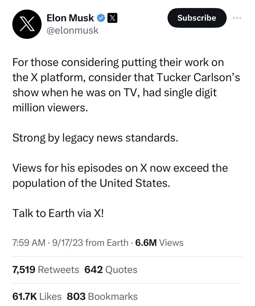 Elon Musk is now explicitly lying about what the public view metric is displaying on the platform he owns it is impressions, the number of times a post shows up on users’ feeds it is not the number of times a video is viewed. it’s nowhere near that.