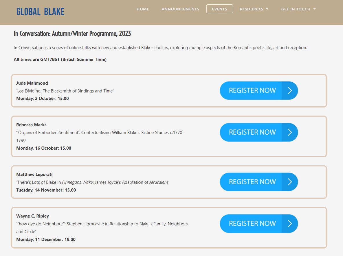 GlobalBlake's tweet photo. Exciting news! The Autumn/Winter Programme for our 'In Conversation' series is now available at https://t.co/q4xSwFjw1j
#WilliamBlake #Blake #GlobalBlake https://t.co/OvWLnC39Ew