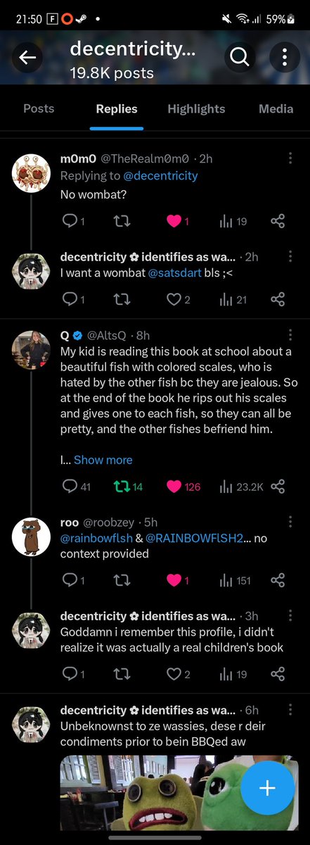 Fed Babe (@0xfedbabe) on Twitter photo <a href="/TheRealm0m0/">m0m0</a> <a href="/jimtalbot/">jim</a> <a href="/decentricity/">decentricity 🦔♀️</a> <a href="/satsdart/">satsdart</a> <a href="/X/">X</a> <a href="/Support/">Support</a> <a href="/inversebrah/">smolting (wassie, verse)</a> @Danny_MyriadSoc <a href="/poordart/">dart</a> .<a href="/decentricity/">decentricity 🦔♀️</a>'s recent replies:
A reply to <a href="/cb_doge/">DogeDesigner</a> who follows her, praising <a href="/elonmusk/">Elon Musk</a> for being a billionaire with idealism
Joke replies to <a href="/poordart/">dart</a>, who follows her too
Talking about wombat plushies
<a href="/X/">X</a> <a href="/Support/">Support</a> this is nuts she's never been spammy or abusive, just check <a href="/TheRealm0m0/">m0m0</a> <a href="/jimtalbot/">jim</a> <a href="/decentricity/">decentricity 🦔♀️</a> <a href="/satsdart/">satsdart</a> <a href="/X/">X</a> <a href="/Support/">Support</a> <a href="/inversebrah/">smolting (wassie, verse)</a> @Danny_MyriadSoc <a href="/poordart/">dart</a> .<a href="/decentricity/">decentricity 🦔♀️</a>'s recent replies:
A reply to <a href="/cb_doge/">DogeDesigner</a> who follows her, praising <a href="/elonmusk/">Elon Musk</a> for being a billionaire with idealism
Joke replies to <a href="/poordart/">dart</a>, who follows her too
Talking about wombat plushies
<a href="/X/">X</a> <a href="/Support/">Support</a> this is nuts she's never been spammy or abusive, just check