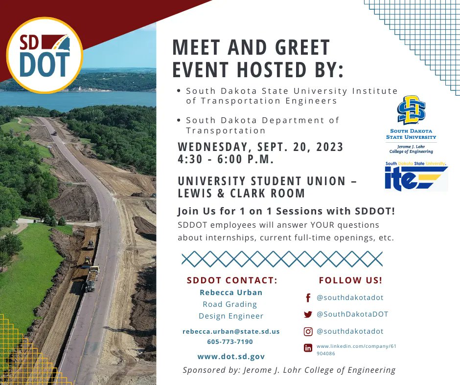 SouthDakotaDOT's tweet image. The SDDOT and our friends at the SDSU Institute of Transportation Engineers Student Chapter, are hosting a meet and greet event this Wednesday, Sept. 20, 2023, from 4:30 p.m. - 6 p.m. at the University Student Union, in the Lewis &amp;amp; Clark Room, on the SDSU campus! 

#SDDOT #SD511