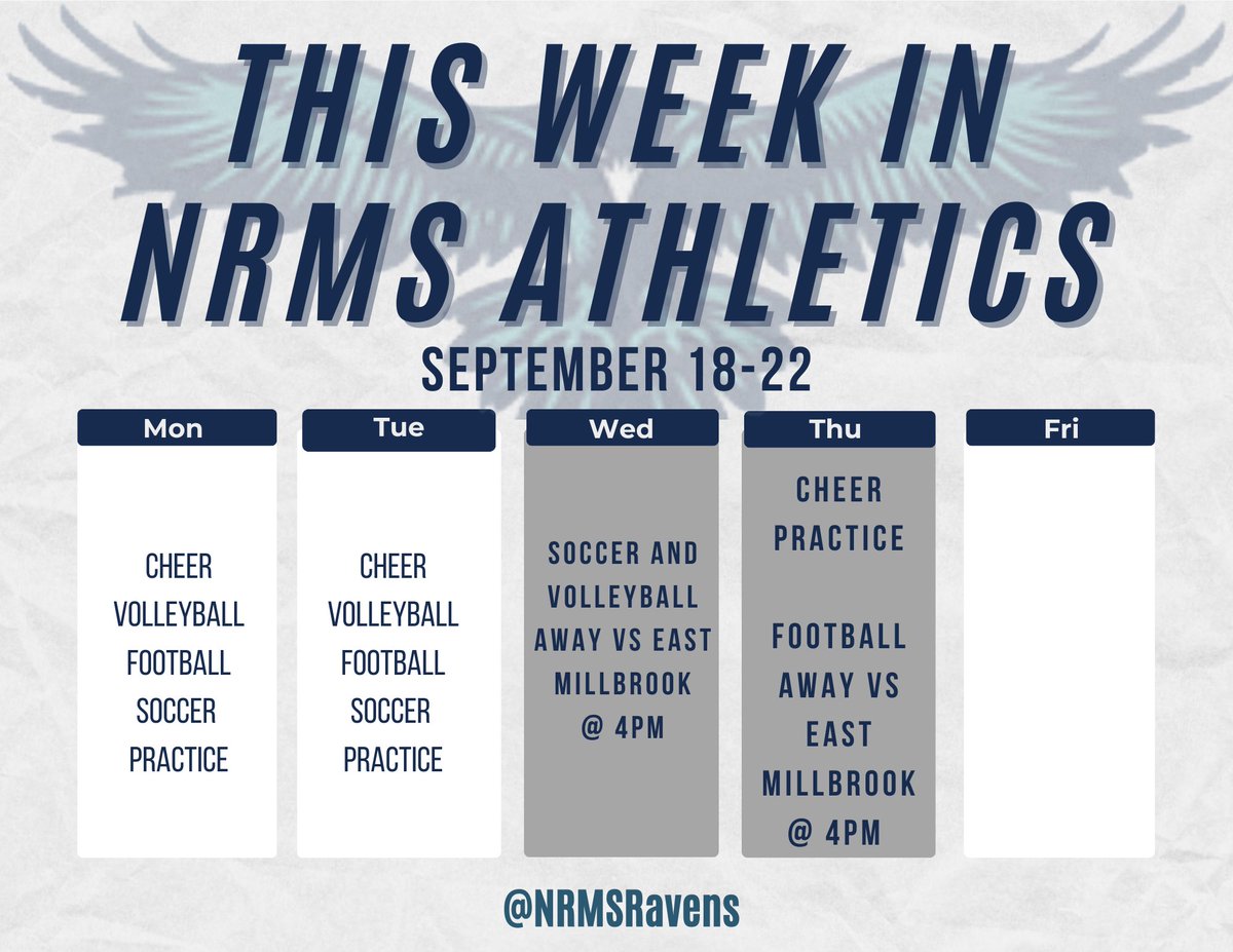IT’S GAME WEEK! 

We are at <a href="/EM3Athletics/">East Millbrook Magnet Middle Athletics</a> this week. Soccer and volleyball on Wednesday and football on Thursday! 

Let’s go Ravens!!