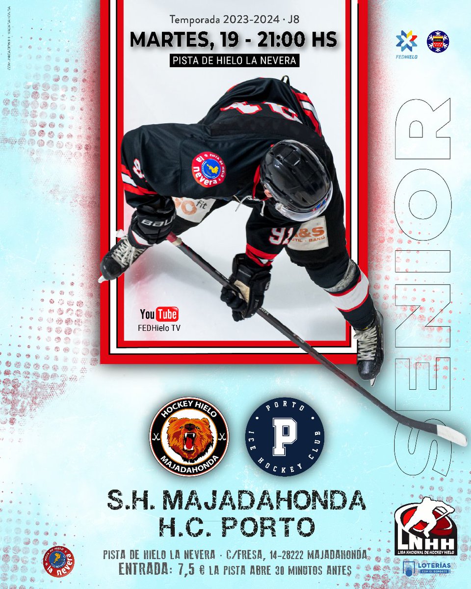 HOCKEY_MAJADAHO's tweet photo. 🐻🏒🥅  T 23-24
𝕃𝕀𝔾𝔸 ℕ𝔸ℂ𝕀𝕆ℕ𝔸𝕃 𝔻𝔼 ℍ𝕆ℂ𝕂𝔼𝕐 ℍ𝕀𝔼𝕃𝕆 - 𝕃𝕆𝕋𝔼ℝ𝕀́𝔸𝕊
💥 MARTES ¡ la liga empieza en Majadahonda !
⬛️ LNHH · J8 (adelantada)
🐻 S.H. MAJADAHONDA  - ⚫️ H.C. PORTO
📆 19/9  · ⏰ 21:00 hs.
📍 La Nevera 💶  7,5 €  *
#icehockey.
#hockeyhielo
#LNHH https://t.co/0Fu7yilpUJ