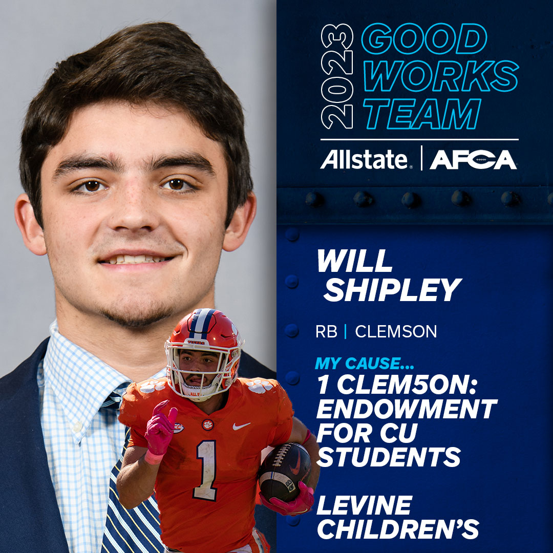 Excited and grateful to be named to the 2023 @Allstate Good Works Team! I’ve loved supporting @Levinechildrens and 1 Clem5on over the years and will continue to do so. Vote for me at espn.com/allstate @WeAreAFCA #GoodWorksTeam #ad