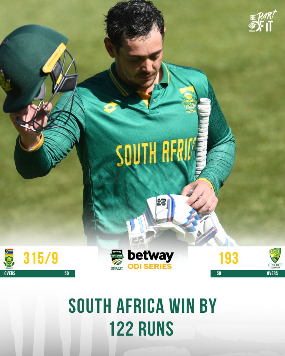 🇿🇦 PROTEAS COMEBACK TO WIN THE SERIES 

The Proteas have made an excellent comeback to win the #Betway ODI series 3-2 against Australia 🇿🇦🇳🇿

Congratulations to the entire team 👏 

#BePartOfIt #SAvAUS