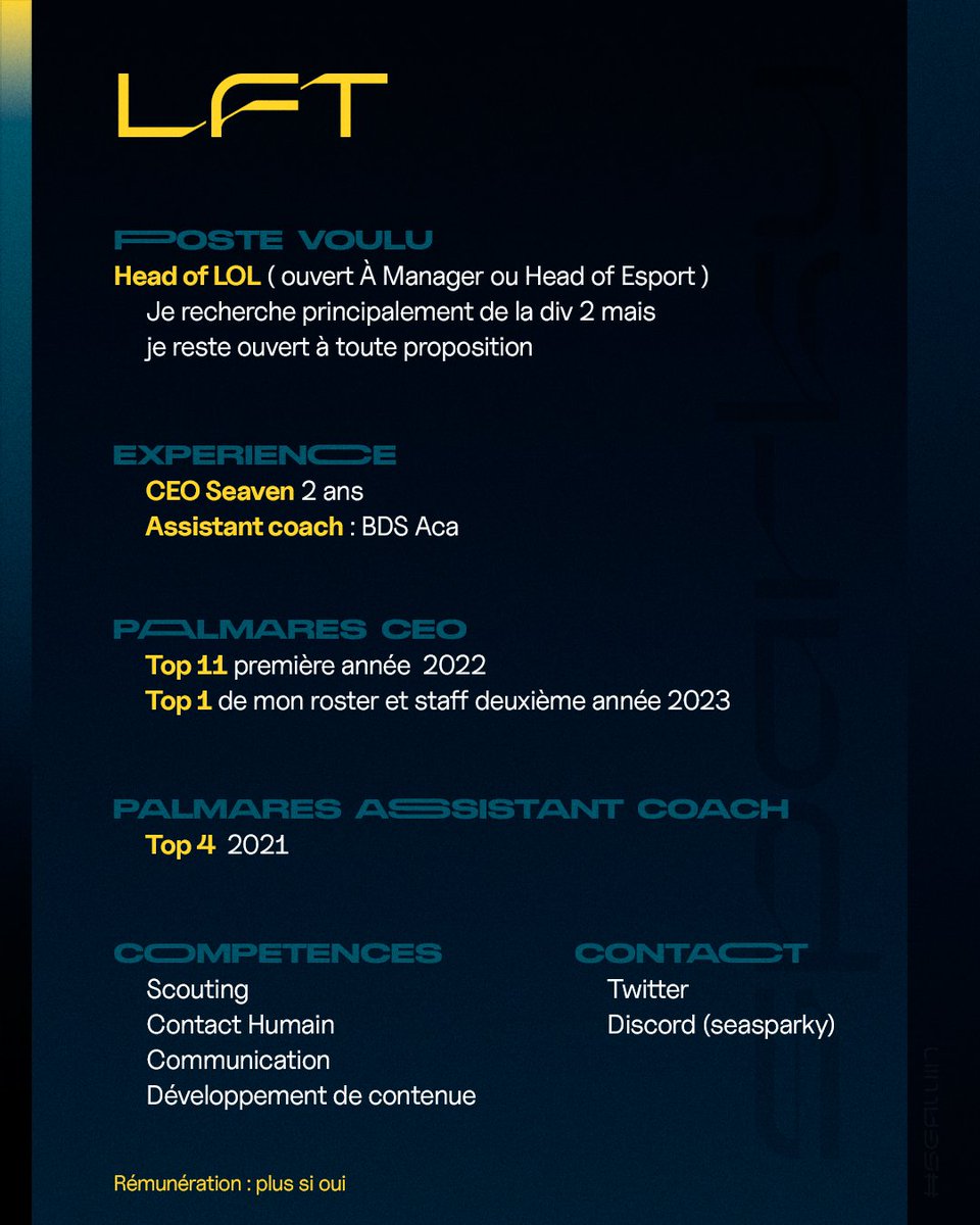 Seaven sera en pause pour durée indéterminée en attendant il m'est IMPOSSIBLE d'arrêter c'est pourquoi je suis LFT en tant que Head Manager 🔥

Je recherche principalement en DIV 2 mais je suis ouvert à toute proposition 🧐

Hésitez pas à me contacter 🕺

❤️&amp;🔁apprécié