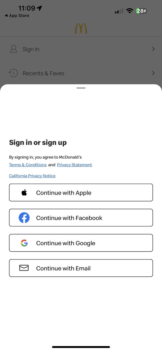 will_e_cologne's tweet photo. @McDonalds this is an ongoing issue where the McD app has no ability to sign in. Everything reads as a sign up. There’s no response from the developers and it been a month since any update. Whatever the last update was logged me out. I can’t access my rewards or accumulate any. https://t.co/JuPuxhLOZ0