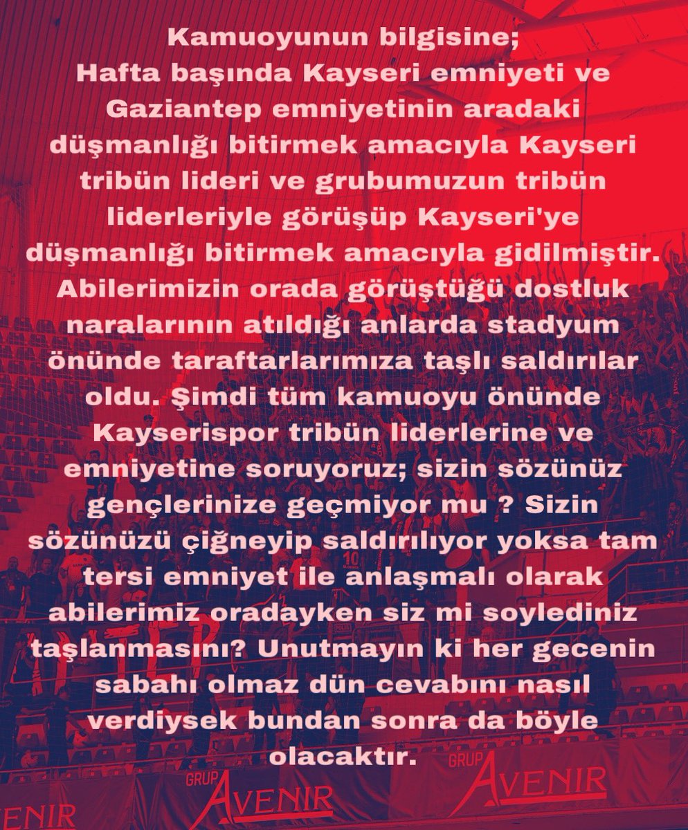 Kayseri’de olayları bizlerin çıkardığına yönelik Kayseri Tribünün saçma sapan savsatalarına karşı cevabımızdır ;