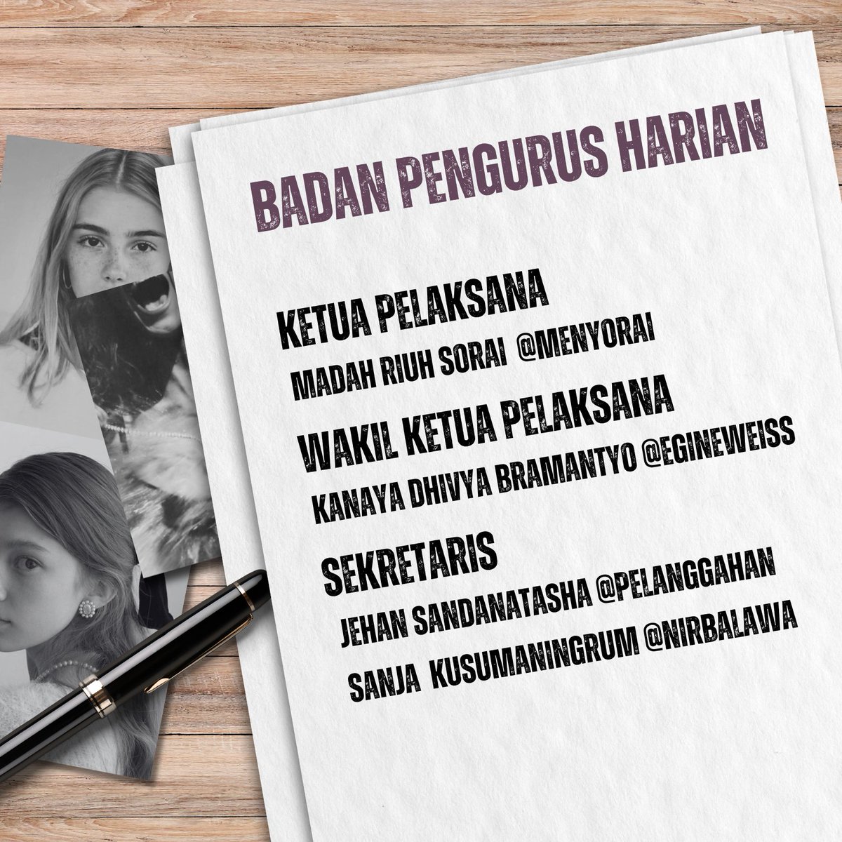 ParadeNestapa's tweet photo. ️️ ️️
       BADAN PENGURUS HARIAN.

Ketua Pelaksana:
Madah Riuh Sorai - @menyorai

Wakil Ketua Pelaksana:
Kanaya Dhivya Bramantyo @egineweiss 

Sekretaris:
Jehan Sandanatasha - @pelanggahan
Sanja Maharati Kusumaningrum - @NirBalawa ️️
 ️️ https://t.co/93H7he23S4