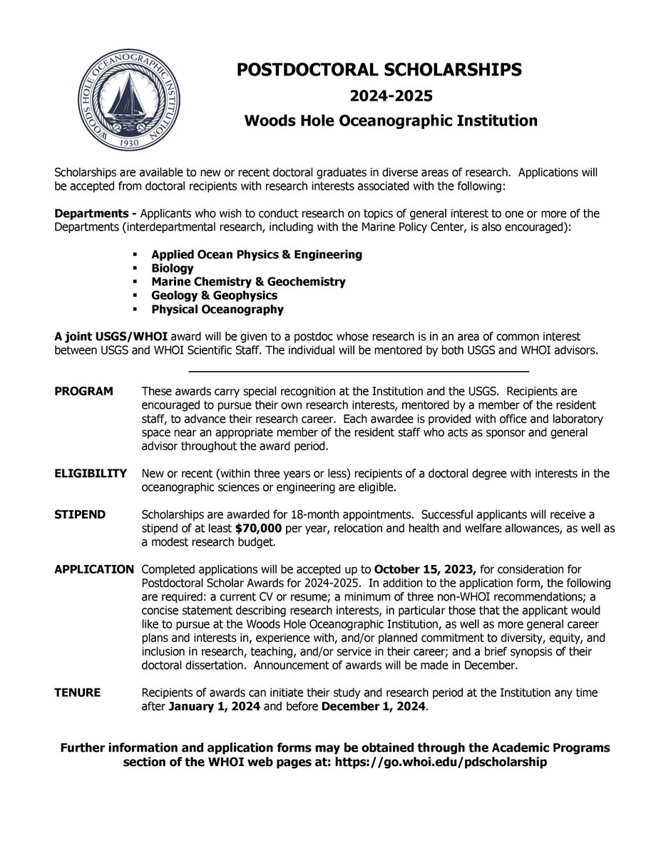 Rob L Evans (@roblevansgeo1) on Twitter photo Consider applying for the WHOI Post-Doc Scholar program for recent PhDs in oceanography, chemistry, engineering, geology, geophysics, climate science, maths, meteorology, physics, biology, economics, marine policy, and any field that fits our core mission. Deadline Oct 15th. Consider applying for the WHOI Post-Doc Scholar program for recent PhDs in oceanography, chemistry, engineering, geology, geophysics, climate science, maths, meteorology, physics, biology, economics, marine policy, and any field that fits our core mission. Deadline Oct 15th.