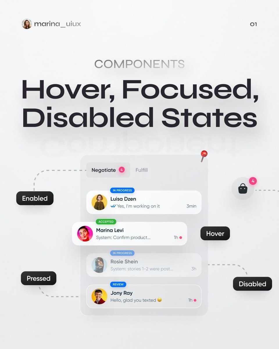 design_monks's tweet image. UI components in a design have different states that provide users with indications on how to interact with them. 😊🖱️📲

This idea created by @marina_uiux

#uiuxdesign #interactivecomponents #designkits #inputstates #pressed #radiobutton #focusstate #designsystem #uikits #toggle
