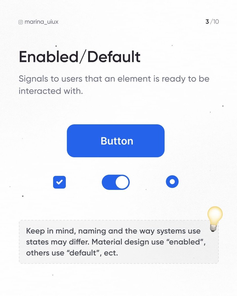 design_monks's tweet image. UI components in a design have different states that provide users with indications on how to interact with them. 😊🖱️📲

This idea created by @marina_uiux

#uiuxdesign #interactivecomponents #designkits #inputstates #pressed #radiobutton #focusstate #designsystem #uikits #toggle