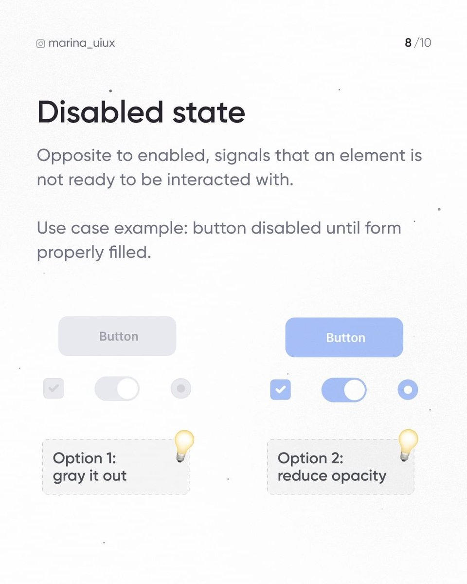 design_monks's tweet image. UI components in a design have different states that provide users with indications on how to interact with them. 😊🖱️📲

This idea created by @marina_uiux

#uiuxdesign #interactivecomponents #designkits #inputstates #pressed #radiobutton #focusstate #designsystem #uikits #toggle