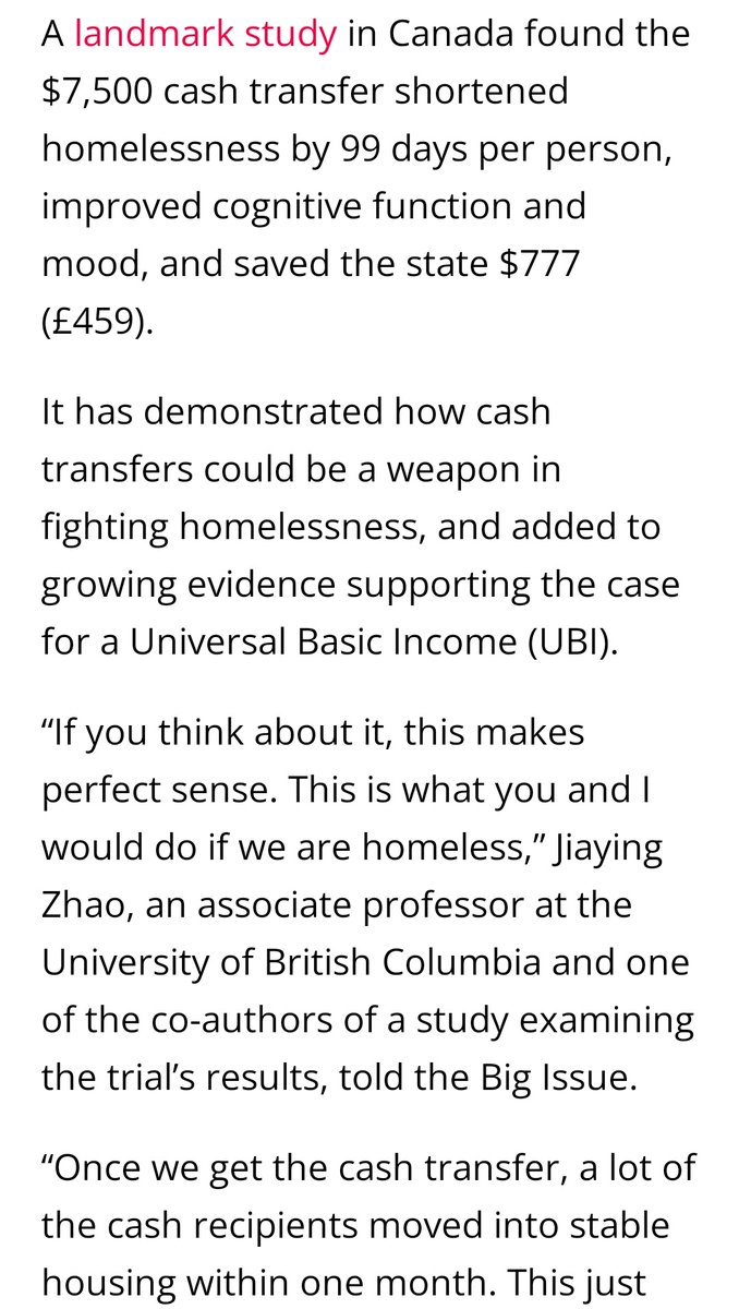 scottsantens's tweet photo. Not only did homeless people provided unconditional cash spend it wisely and find homes, and not only did it save more money than it cost, but it also kept a mom from losing her kid, and even prevented one recipient's grandmother from becoming homeless herself.

"A lot of our participants had kids and they were single mums – it’s not something we necessarily measured – but in one example the cash transfer actually allowed a woman to keep her child."

"In another case, a participant used the cash to help their grandmother, who was also at risk of becoming homeless."

"Emphasising how the cash wasn’t spent in stereotypical ways, and how the money actually saved the public purse overall, they found, were the most effective messages – providing a blueprint for future UBI advocates."
 https://t.co/k8aZqDlG1Z #BasicIncome