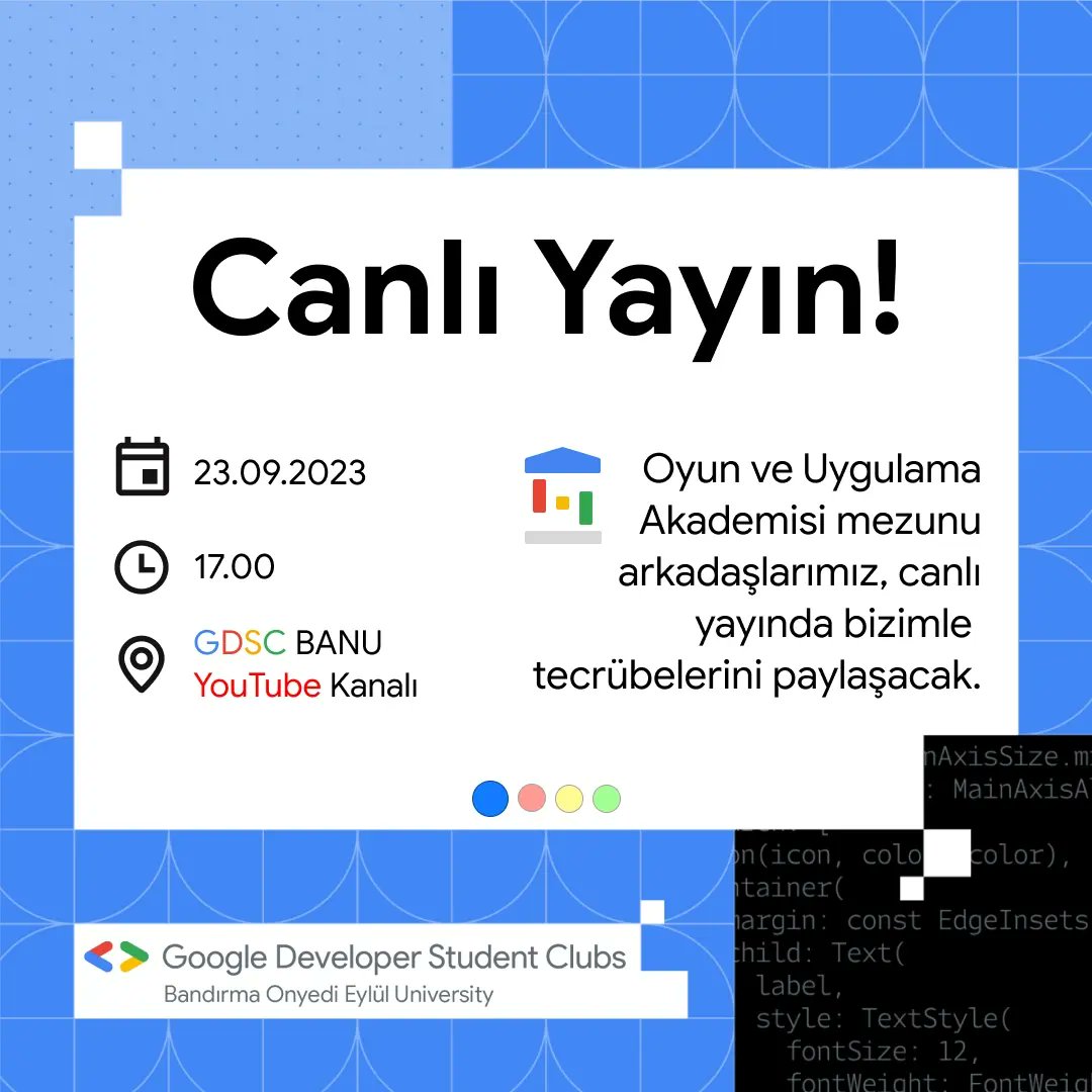 Yeni dönemin ilk etkinliği ile sizlerle beraberiz🥳

Oyun ve Uygulama Akademisinin 22-23 dönemi mezunu arkadaşlarımız bizlerle tecrübelerini paylaşacaklar. Yayına bekleriz🙌🏻

📅 23 Eylül
🕐 17.00
📍 GDSC BANU YouTube Kanalı