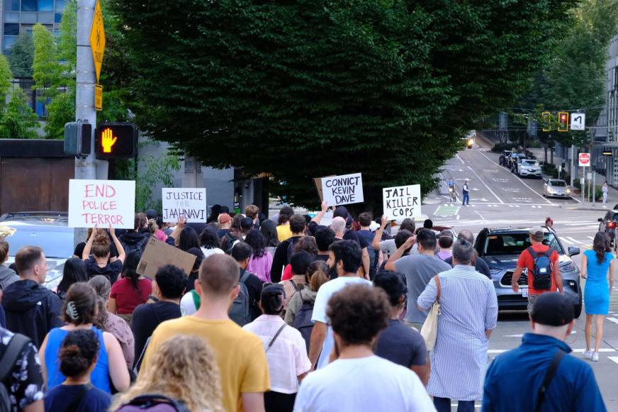 uw_psu's tweet image. We're proud to have spoken at @SeattleAarpr 's rally to demand justice for Jaahnavi Kandula. #JusticeForJaahnavi