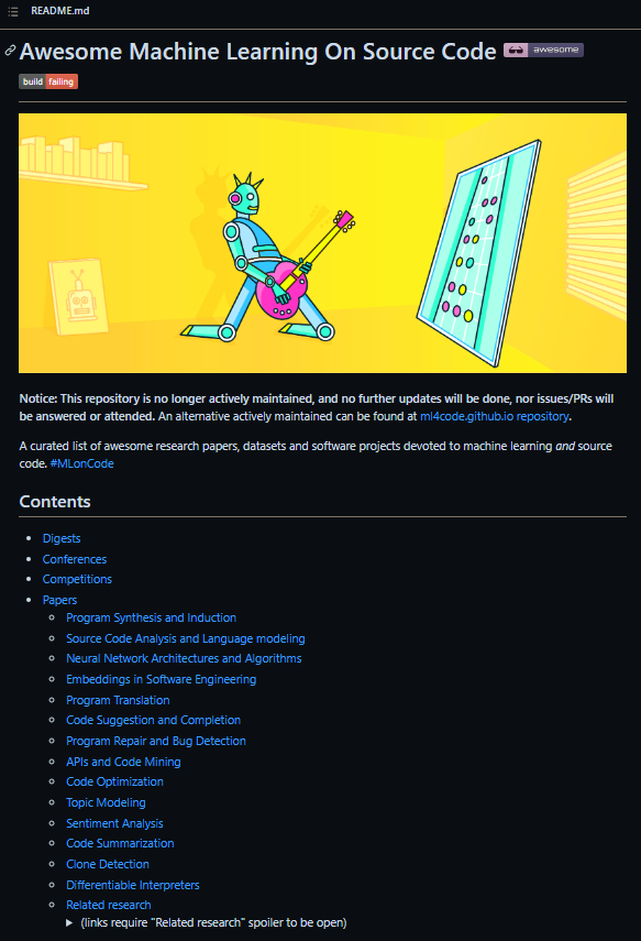 DanKornas's tweet image. 👉 Machine Learning on Source Code
 
A curated list of awesome research papers, datasets and software projects devoted to machine learning and source code.

🔗 github.com/src-d/awesome-…