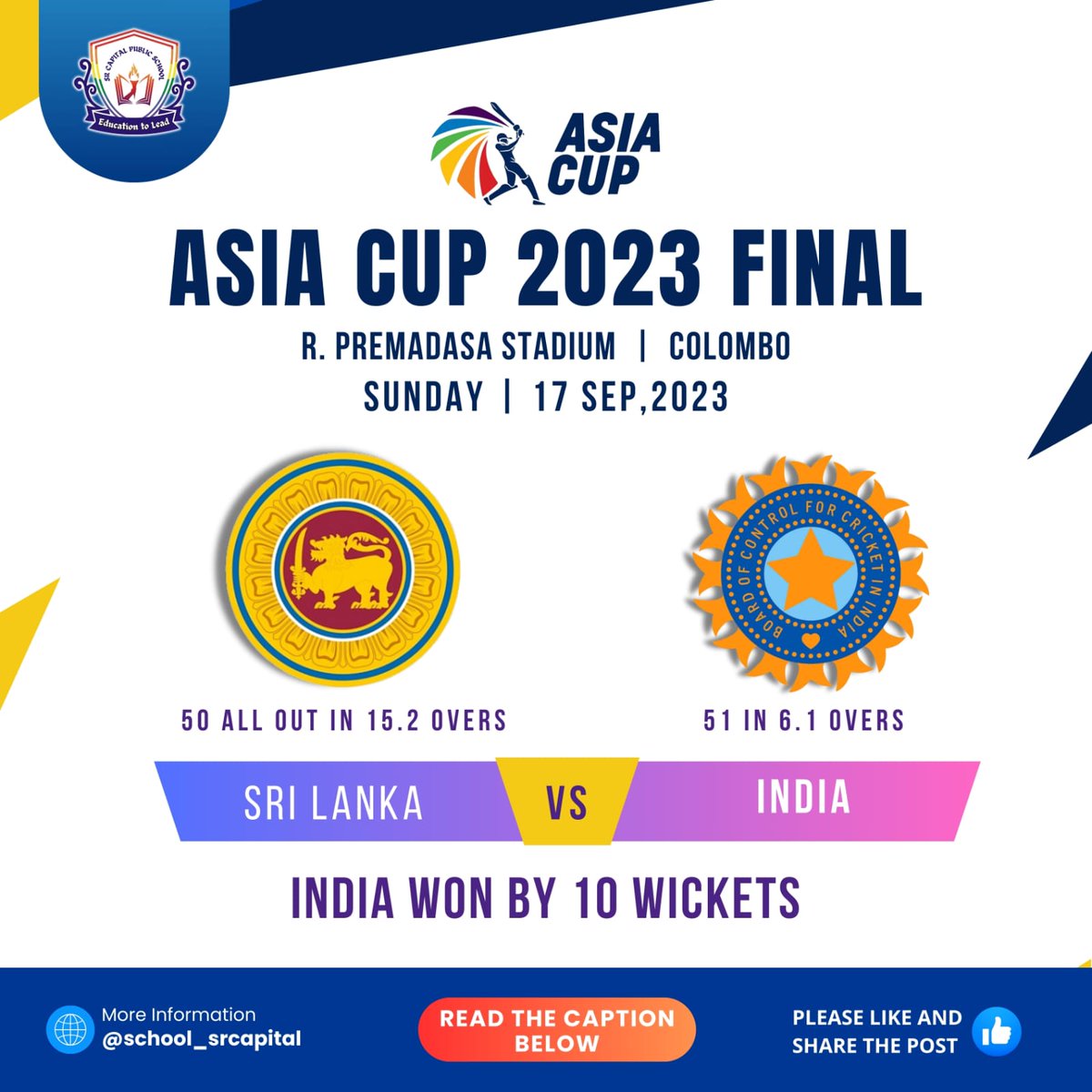 SchoolSRCapital's tweet photo. #srcps
Sri Lanka was bundled out for the lowest-total in ODI cricket,  just 50 runs in 15.2 overs against India in the Asia Cup 2023 final.
In 1984 India defeated Sri Lanka by 10 wickets. After 37 YEARS history repeated 
#pehlesebehtar. https://t.co/f3hiGhqOIZ