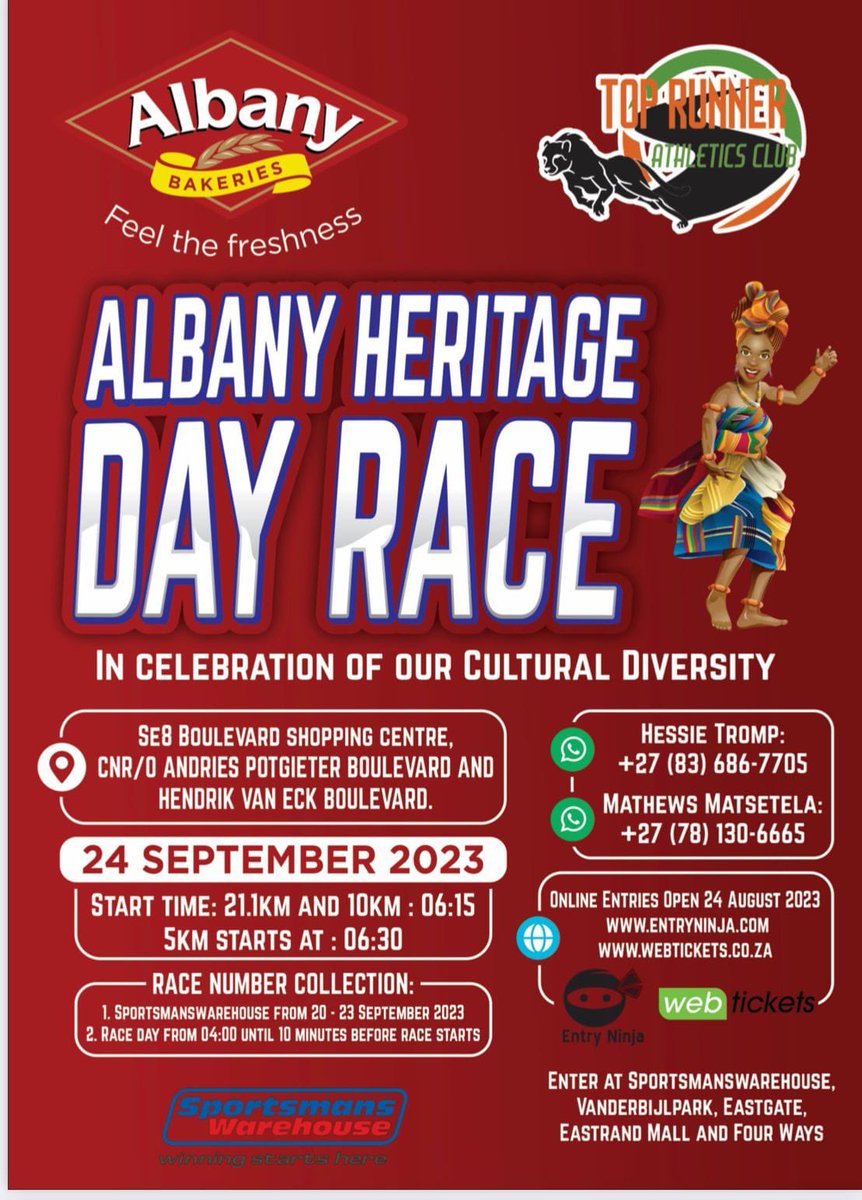 RunnersTop's tweet photo. Online entries to the Albany Heritage Day race will be closing midnight l, tomorrow, 18 September. Manual entries will still be available at Sportsman’s Warehouse, the Palms, Vanderbijlpark. #FeelTheLove❤️#FeelTheFreshness🍞 https://t.co/LdTDFNaxbO