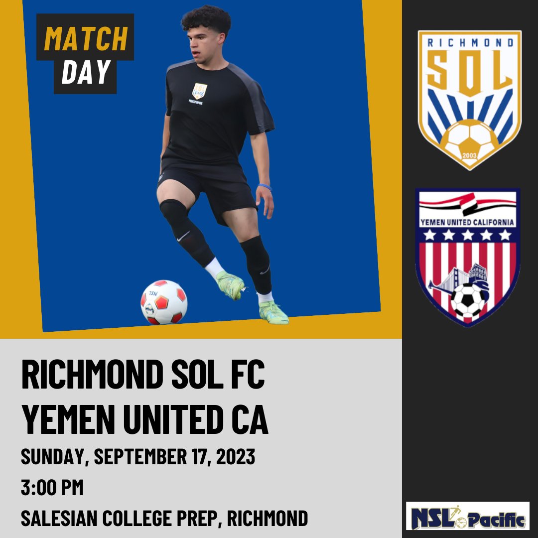 MATCH DAY! Come support #semiprofessionalsoccer in #richmondcalifornia as we take on Yemen United CA in our first match of the Fall 2023 season - 3:00 pm at Salesian College Prep. #vamosrichmondsolfc #gorichmondsolfc