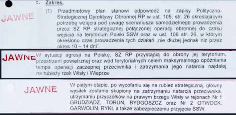 Można wyciągnąć bardzo ciekawe wnioski z odtajnienia dwóch stron czegoś co absolutnie nigdy nie powinno mieć zdjętej klauzuli:
1) Obrazek pierwszy. Już w 2013 roku zdjęto "Ściśle Tajne" tj 00 z tego dokumentu. Dlaczego? Ano pewnie dlatego że powstała nowa wersja planu a ta