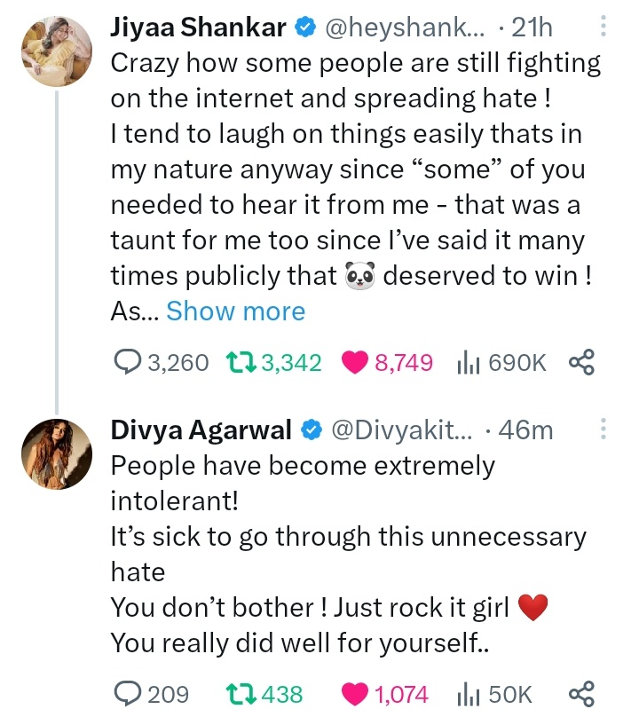 MY TWO FAV > 🥹🫶🏼

JIYA x DIVYA

' I support #divyaagarwal in bbotts1 & now i support #JiyaShankar in season2 so it's proud moment for me that i'll support best peoples & after seeing this i'm so happy , want to see them in any project together ' 🩵
#JiyaKiJanta #Abhiya