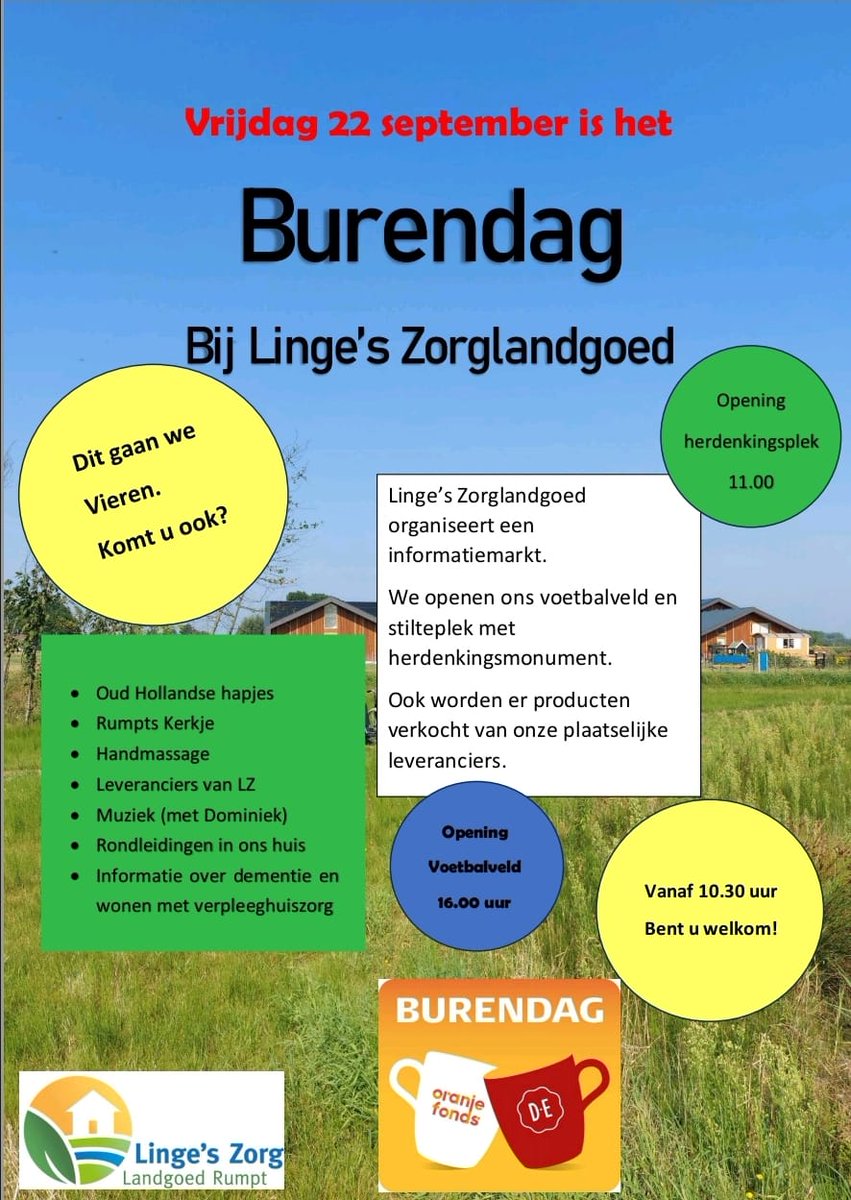 De voorbereidingen zijn in volle gang om er vrijdag 22 september weer een gezellige en informatieve Burendag van te maken 🌻 
Met op deze dag ook 2 bijzondere openingen van onze Stilteplek met herdenkingsmonument 💞 en Jaap's voetbalveldje ⚽️ 
U bent van harte welkom!