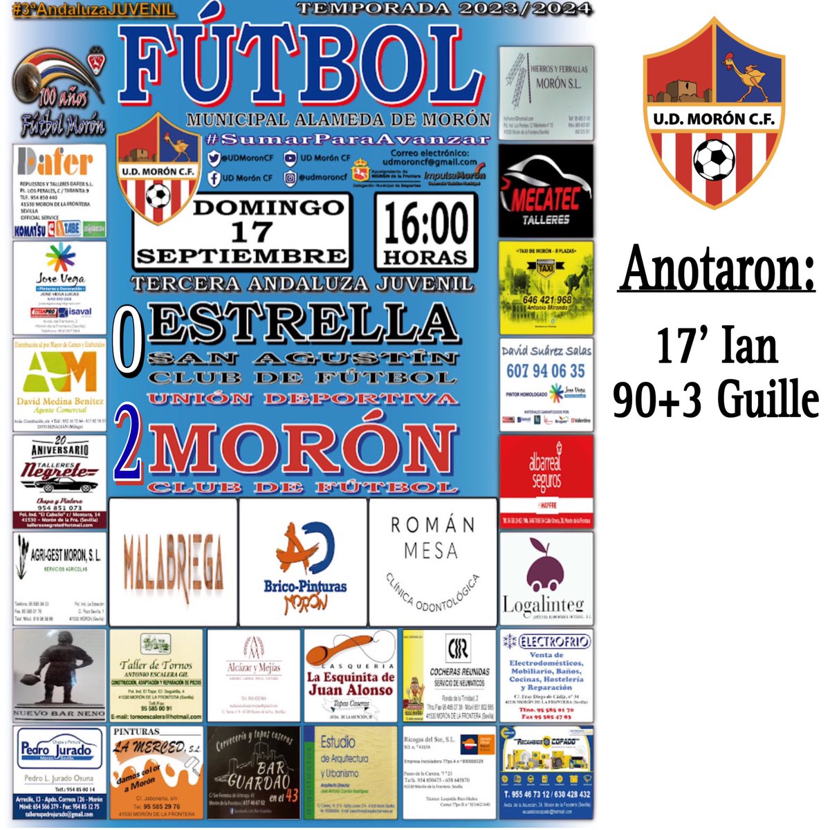 CanteraUDMCF's tweet photo. ⚽️𝗧𝗘𝗠𝗣𝝝𝗥𝝠𝗗𝝠 𝟮𝟬𝟮𝟯/𝟮𝟬𝟮𝟰

2️⃣JORNADA - Juvenil “A”

⌛FINAL DEL PARTIDO en Morón, VICTORIA merecida pero con mucho sacrificio, ¡ENORME TRABAJO!👏🏽👌🏽

⚽️ #UDMCF 2️⃣🆚0️⃣ #ESACF

✅Anotaron: Ian y Guille

🏆#3ªAndaluzaJUVENIL
🙌🏽🇹🇭⚽️ #SumarParaAvanzar
❤️🤍💙#VamosMiMorón https://t.co/oMuRzj3quf
