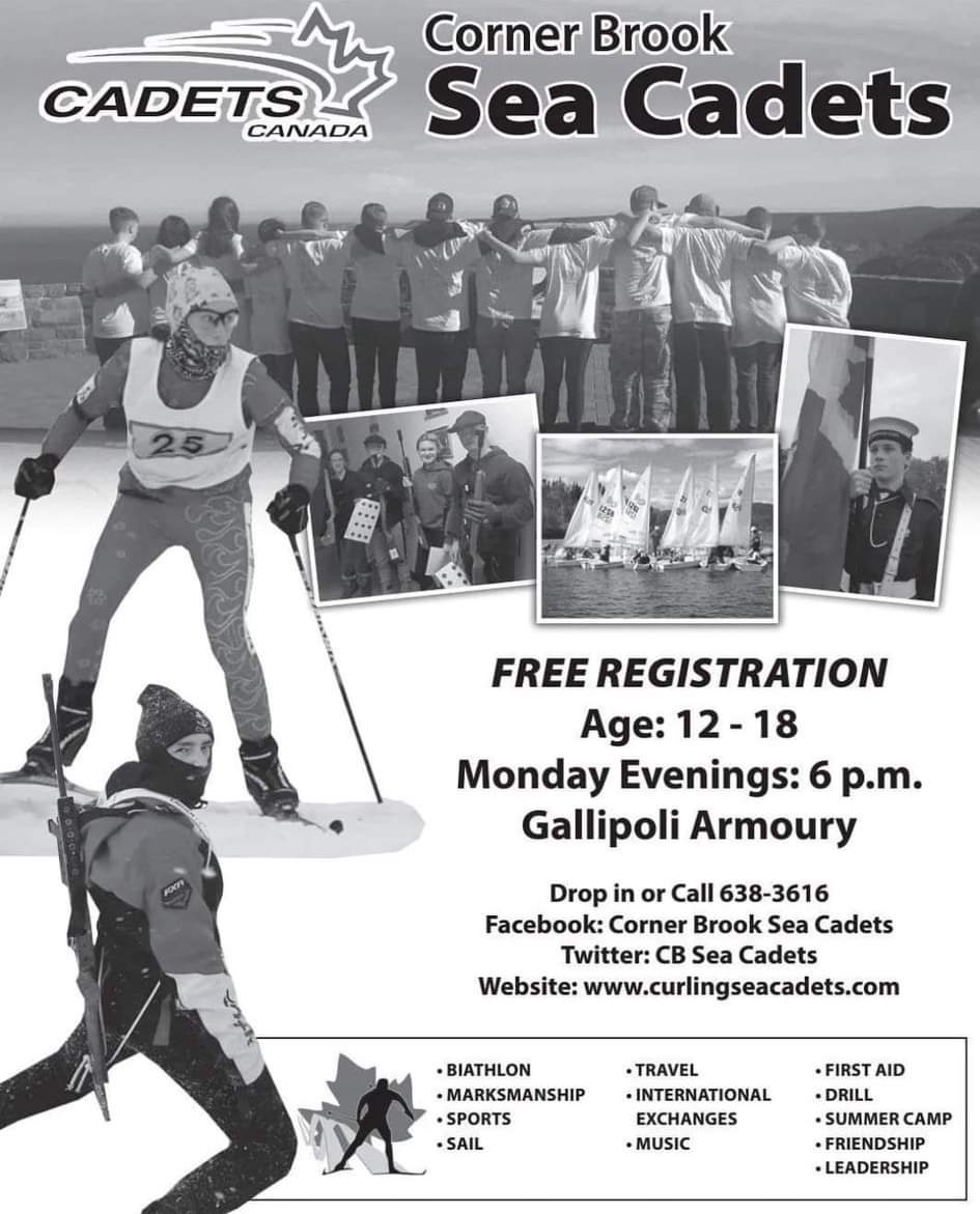 The Sea Cadet Program is starting this fall. Drop into the Gallipoli Armoury Monday night for FREE Registration. Age:12-18 Contact:(text/call) 709-640-5909 or 709-638-3616 for more information. <a href="/BerniceCBC/">Bernice Hillier</a> <a href="/briancbctraffic/">Brian McHugh</a> <a href="/boiradio/">100.1 BAY FM</a> <a href="/CBIStorms/">CBI</a> <a href="/cbrh/">Corner Brook Regional High</a> <a href="/rotarycbrooknl/">Rotary Corner Brook</a> <a href="/CornerBrook/">Corner Brook</a>