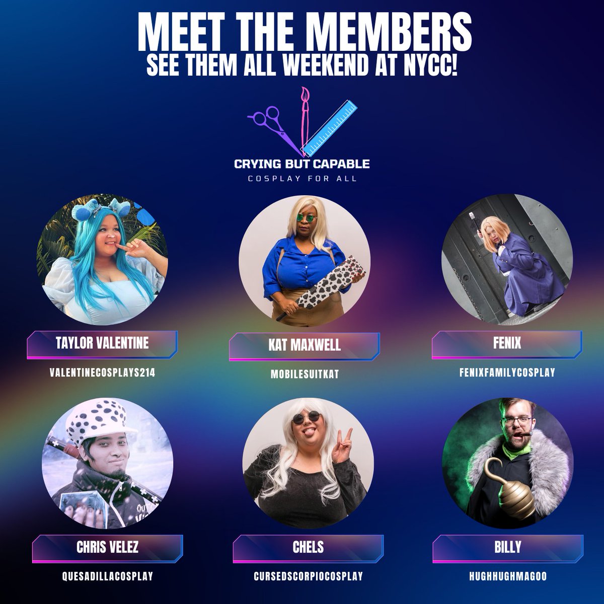 CBCcosplay's tweet photo. We're super excited to meet everyone at @NY_Comic_Con! Here are the members that you'll see at the show!
Don't forget to hang with us at our booth all weekend and come to our panel on October 14th at 10:30AM in room 1C03!
#NYCC #newyorkcomiccon #cbccosplay #cryingbutcapable https://t.co/c0T8UZaTfr