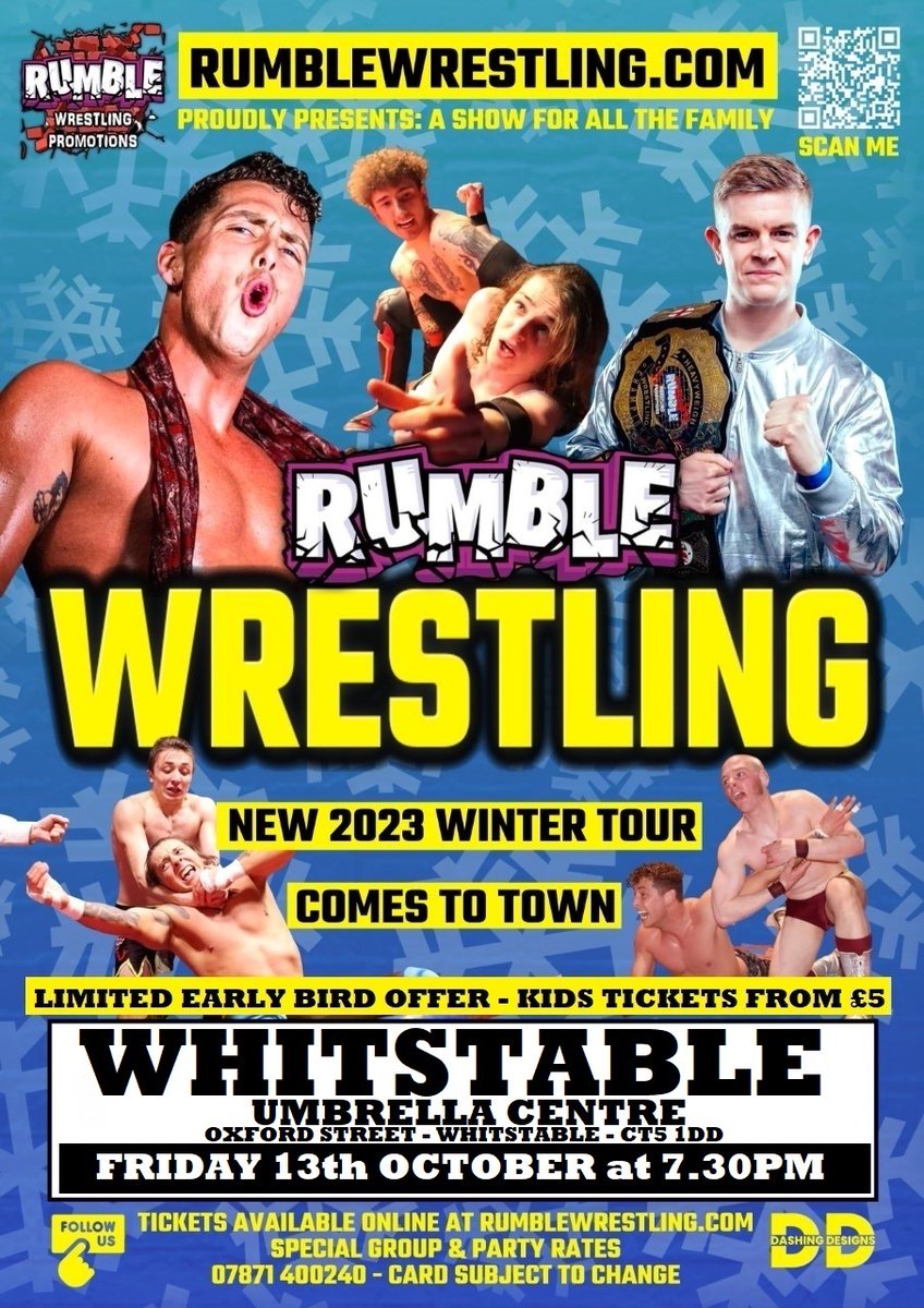 Rumble Wrestling Promotions return to Whitstable's Umbrella Centre  for their Autumn show on Friday 13th October at 7.30 pm with another top show for all the family - the kids will love it.
Tickets are now on sale from rumblewrestling.com with Special Price Buster deals