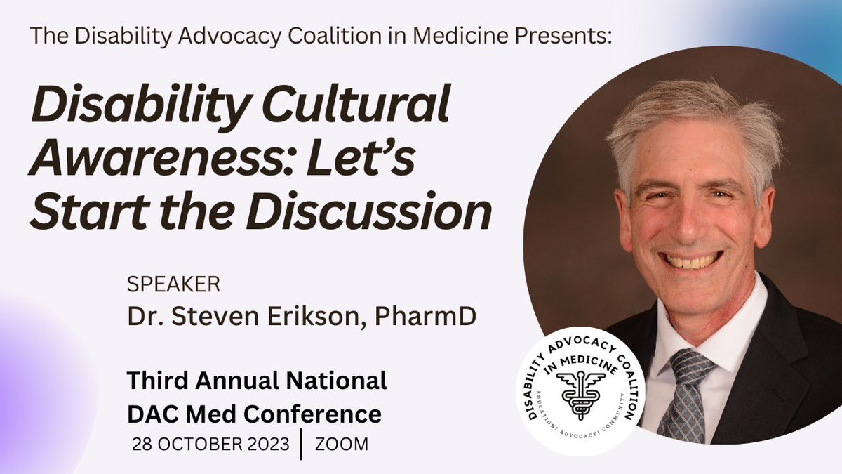 We are excited to present Dr. Steven Erikson as a speaker at our 3rd annual DAC Med Conference! You won’t want to miss this exciting talk. 

Register to attend here: tinyurl.com/cyt3eh98

#MedEd #MedTwitter #DisabilityAdvocacy #DisabilityMedicine
