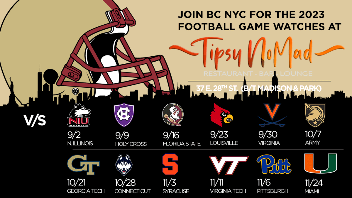 BCNYCAlumni's tweet photo. As with last year, @tipsynomadnyc will host game watches for every BC football game with great food &amp; drink specials for Eagles fans. Don your maroon &amp; gold and we'll see you there! https://t.co/yMxYEZSs1a