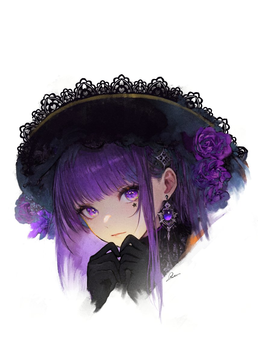 1girl solo purple eyes purple hair jewelry earrings gloves  illustration images