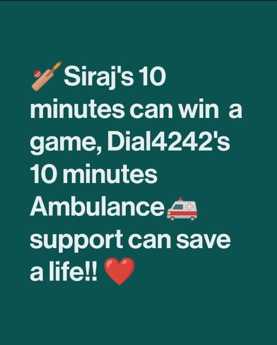 "What 10 Minutes can do!"
With a network of 12000+ ambulances expect Dial4242 ambulances to reach you in just 10 minutes!⌛

Download our Dial4242 App From Google Play Store and Get the ambulance service in 700+ cities with ay spontaneous ambulance booking.🚑
#INDvSL