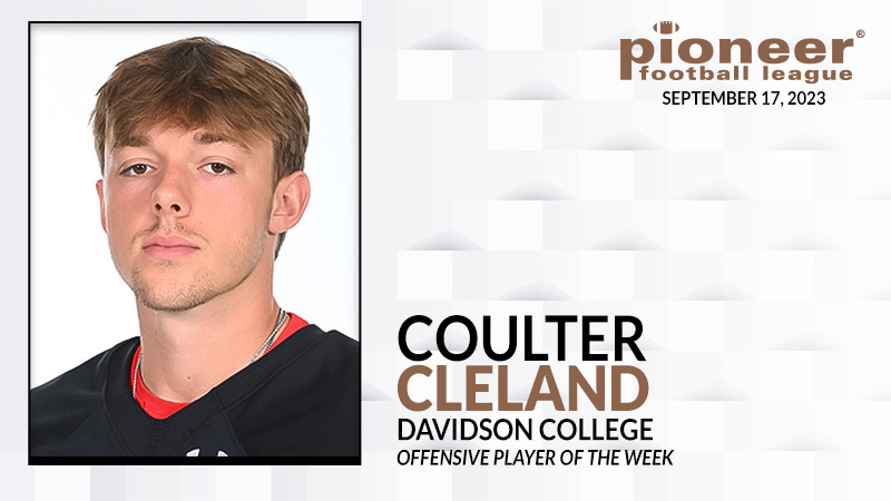 𝗣𝗙𝗟 𝗢𝗳𝗳𝗲𝗻𝘀𝗶𝘃𝗲 𝗣𝗹𝗮𝘆𝗲𝗿 𝗼𝗳 𝘁𝗵𝗲 𝗪𝗲𝗲𝗸 @DavidsonFB quarterback Coulter Cleland threw for 301 yards and five touchdowns in a PFL victory at Davidson. He is the first Wildcats QB to throw for 300-plus yards since 2014.