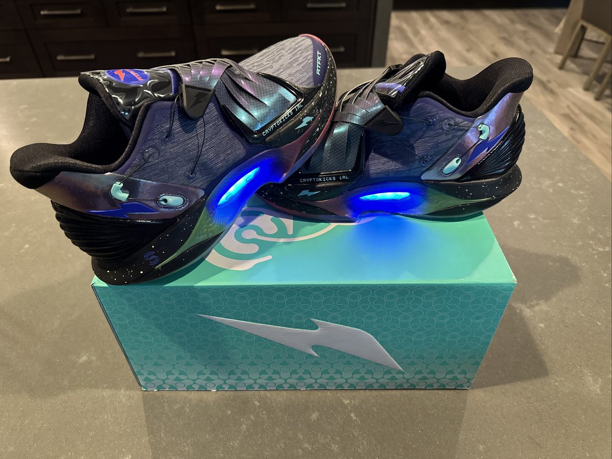 KH89561856's tweet photo. Space Matter Cryptokicks iRL arrived! Love ‘em so much I’m scared to wear them! @RTFKT @Nike #cryptokicksiRL @takashipom #clonex https://t.co/49MFGjznx8